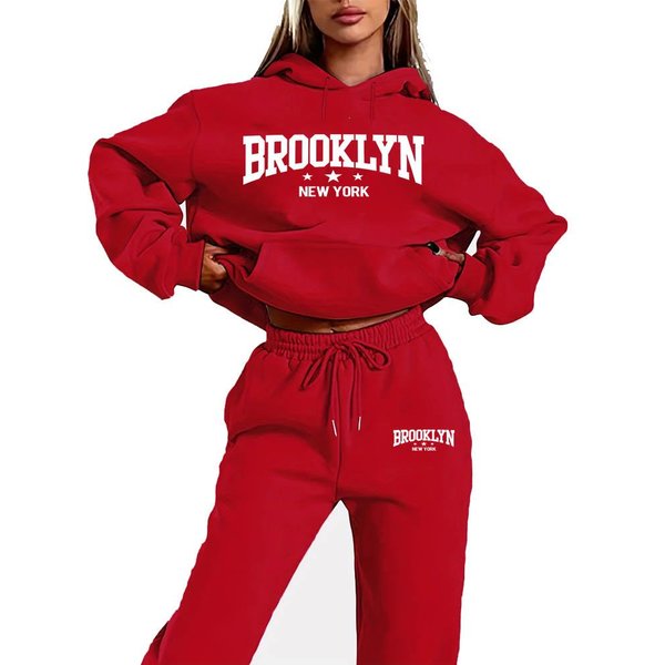 Jesień Zima Brooklyn Zestaw Sweter Spodnie Kobiety Zestaw Bluza Z Kapturem Odzież Uliczna Hip Hopowa Odzież Codzienna Damska Pluszowa Bluza XL Red-image
