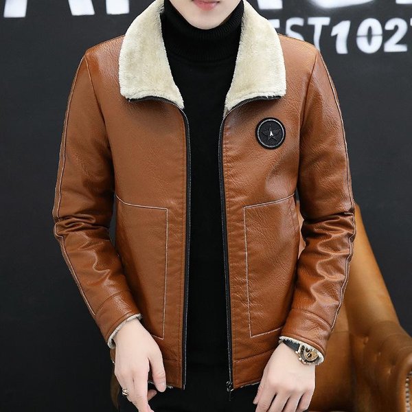 Chaqueta De Cuero Para Hombre OtoñO Nueva PU Juvenil Cuello Alto Chaqueta Casual Cuero 4XL Brown-image