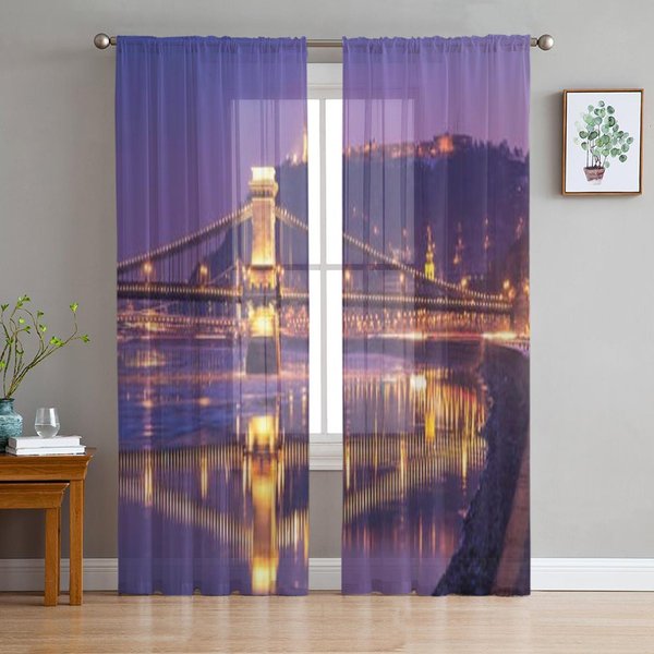 Cortinas Transparentes De Gasa Con DiseñO De Puente Viejo Sobre El RíO Para DecoracióN De Sala De Estar, Dormitorio, Cocina, Visillos Para Ventana, Cortina De Tul 135W X 114H(Cm) Blue-image