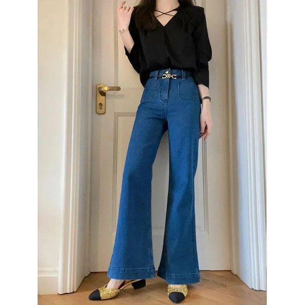 Jeans De Campana Azules Retro Para Mujer En Primavera Y OtoñO Nuevos Ajustados Y CeñIdos Y VersáTiles Pantalones De Campana Viejos 2XL Gray-image