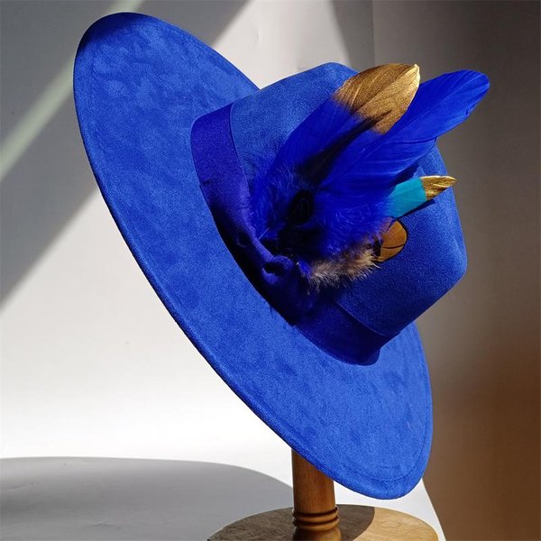 Sombrero De Copa De Ante Con Pluma Y Lazo Amarillo Sombrero Fedora De Ala Ancha Hombres Mujeres OtoñO Cintas De Plumas Invierno Fieltro Sombreros De Jazz Fedoras Así 55 -58Cm Blue-image