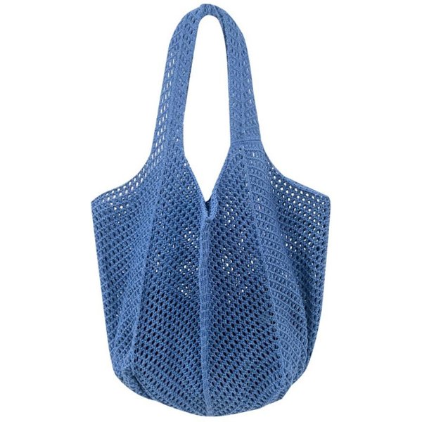 Bolso De Hombro De Punto SóLido Calado Gran Capacidad Bohemio Crochet Bolso Tote VersáTil Casual Tejido Exterior Azul-image