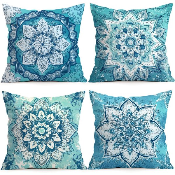 1/4 Uds. Cojines Mandala Turquesa Funda De Almohada Funda De CojíN De PoliéSter CojíN Decorativo Para El Hogar Coche Sofá 45X45Cm-image