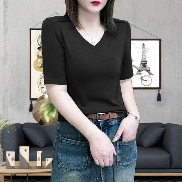 Damski T-Shirt Z KróTkim RęKawem Dla Kobiet Na Lato, Nowy Design, Dopasowany I Wszechstronny Top Z Dekoltem W Serek Z Motywem Rybiej OśCi Dla Kobiet 3XL White-image