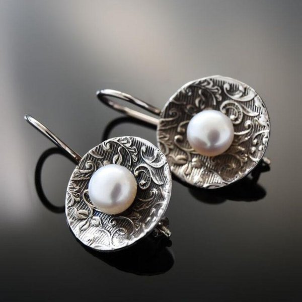 Pendientes De Color Cobre Vintage Para Mujer Con Tallado De Flor, JoyeríA De Perla De ImitacióN, Pendientes Colgantes, Regalo De Fiesta-image