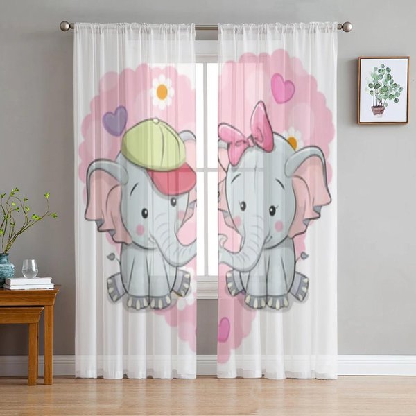 Cortinas Transparentes De Dibujos Animados De Elefantito Con Estrella Y Luna Para Ventana De SalóN Cortina Transparente De Voile Tul Cortinas Para Dormitorio W65X60H(Cm)X2Pcs&Grommet Top-image