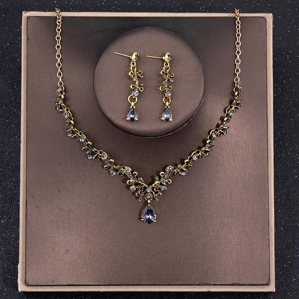 Tocado Nupcial Lujo Color Plata Cristal Gota De Agua Diamantes De ImitacióN Tiara Collar Pendientes Boda Juego De Joyas De 4 Piezas Black-image