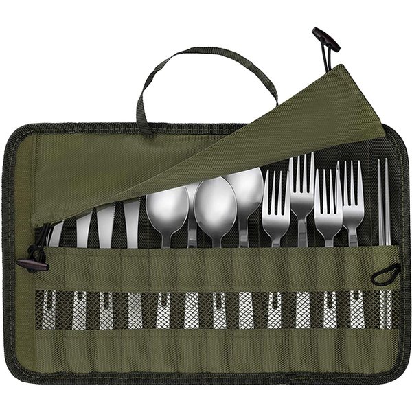 Bolsa Portacubiertos PortáTil Camping Al Aire Libre Picnic Vajilla Organizador De Cubiertos Bolsa De Almacenamiento Para Vajilla Para El Hogar PoliéSter Bolsa Para Tenedor Cuchara Verde-image