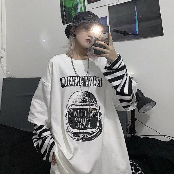 Jesień Nowy Styl LuźNy T-Shirt Z DłUgim RęKawem W Paski Dwuwarstwowy Dla Kobiet Styl HongkońSki Tops Studencki Dla Kobiet 2XL Gray-image