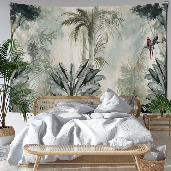 Tapiz De Pared Con Pintura Al óLeo Tropical De Bosque, Abstracto, Bohemio, MíStico, BrujeríA, EstéTica Hippie, DecoracióN Del Hogar 95X70Cm Gray-image