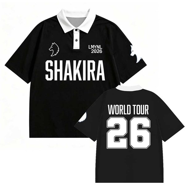 Camiseta Polo Shakira Lmynl 2026 DiseñO Gira Mundial Merchandising GráFico Tops Manga Corta Verano Holgada Moda Ropa Unisex Streetwear XXL Black-image