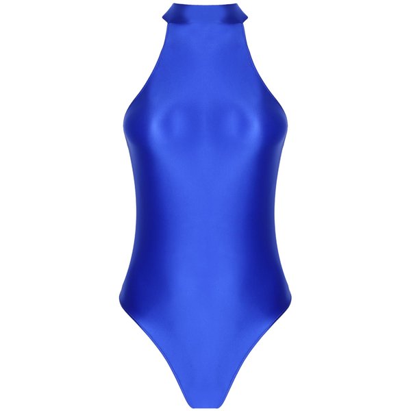 Body Brillante Sin Mangas De Cuello Alto Con Cremallera Trasera Traje De BañO Leotardo XL Blue-image