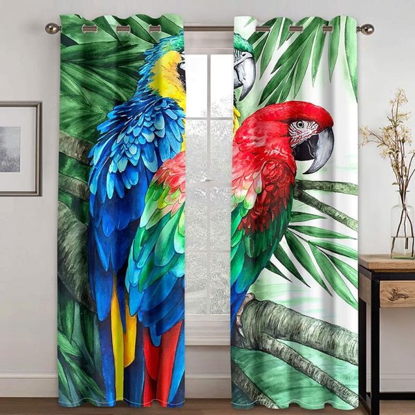 Cortina Filtrante De Luz De 2 Piezas Con DiseñO De Loro Tropical, Hojas De PláTano Y Plantas, Para Sala De Estar, Dormitorio Y Ventana. 50W130H(CM) 2Pcs&Grommet Top Blue-image