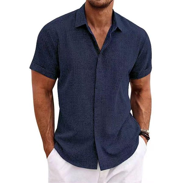 Camisas De Hombre De AlgodóN Y Lino, Manga Corta, Con Botones, Estilo Casual, Ideales Para El Verano, La Playa O Bodas. M Azul Oscuro-image