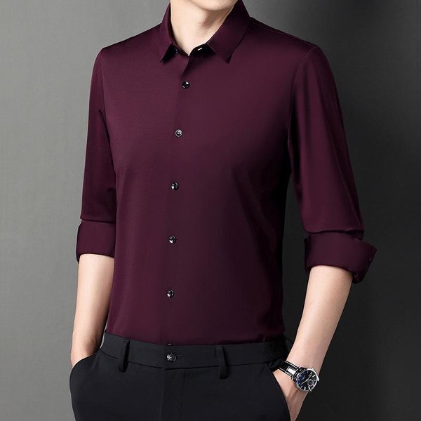 Camisa De Manga Larga Multicolor Para Hombre De Mediana Edad, Informal, De Negocios, Sin Costuras, De Color SóLido, Estilo Nuevo De OtoñO Xxxxl Black-image