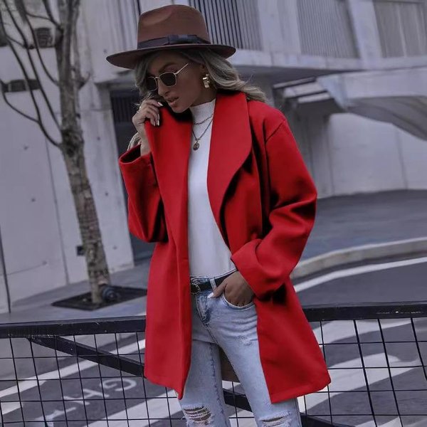 Modny Damski WełNiany PłAszcz DłUgi Z Klapami Zimowy Jesienny PłAszcz Xxxl Red-image
