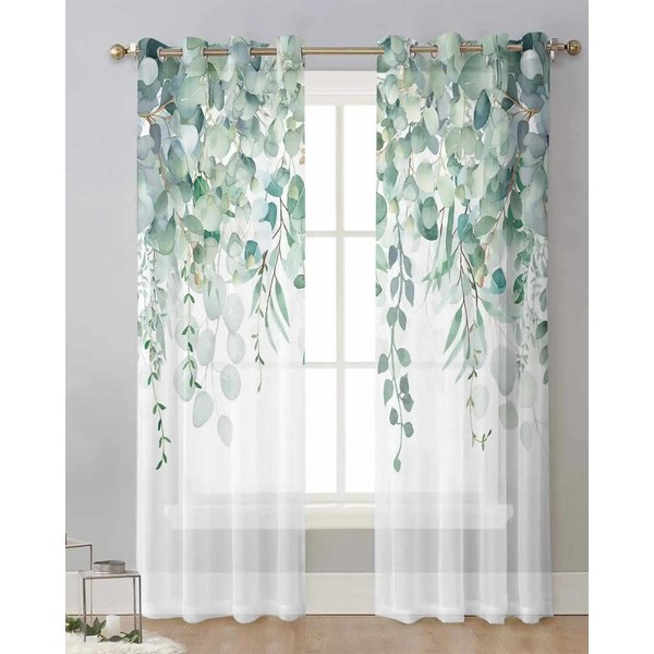 Cortinas Transparentes De Gasa Con Hojas Verdes De Eucalipto Para DecoracióN De Sala De Estar, Dormitorio Y Cocina. W50X130H(Cm)X2Pcs&Hook-image