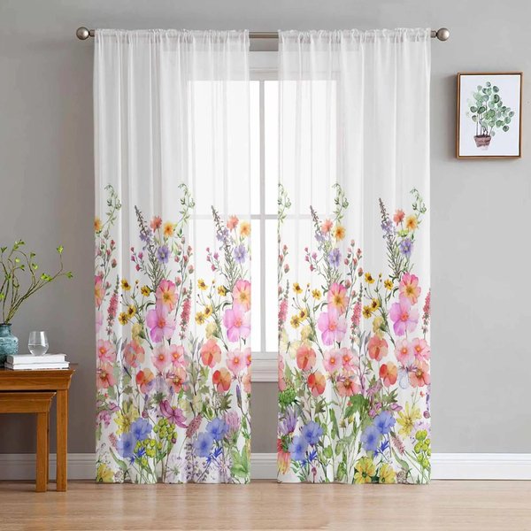 Cortinas Transparentes Florales Retro De Flores Silvestres Para DecoracióN De Dormitorio Sala De Estar Cortina De Ventana Para Cocina Cortinas De Tul Voile Organza W135 X H115Cm X1&Rod Pocket-image