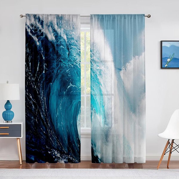Ocean Woda Morska Lato Tropikalny Surfing Fale Przezroczyste ZasłOny Do Dekoracji Salonu Sypialni Okno Szyfonowe Woale Tiulowa ZasłOna 1 PCS W100Xh250Cm&Rod Pocket Gray-image