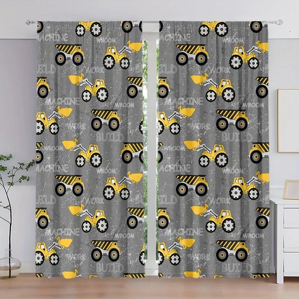 2 Szt. - Zabawne KreskóWkowe I RóżNe Pojazdy InżYnieryjne Drukowane ZasłOny, Tunel Na Karnisz Dekoracja Domu, Dekoracja Pokoju 14Wx39L(35X100Cm)X2 Gray-image