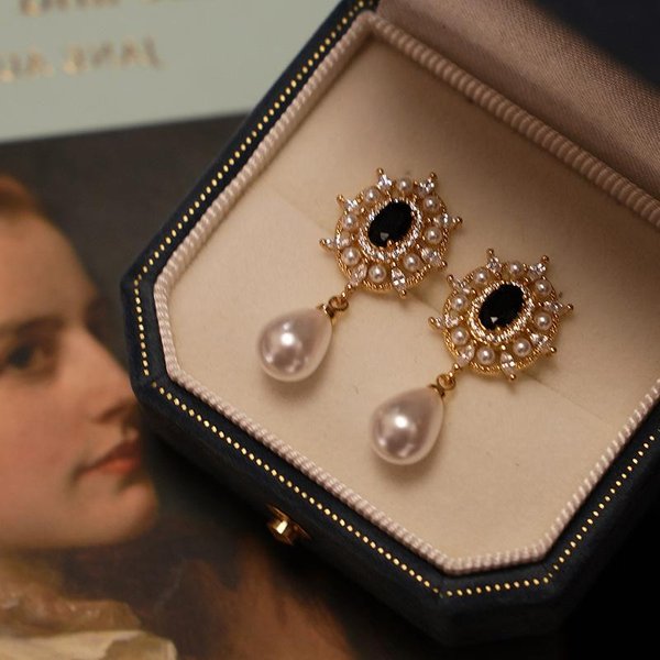 Pendientes Exquisitos De Piedra Negra De Lujo Ligero Vintage De Alta Calidad Para Mujer Pendientes De Gota De Agua Perla Gota JoyeríA Fina De Boda-image