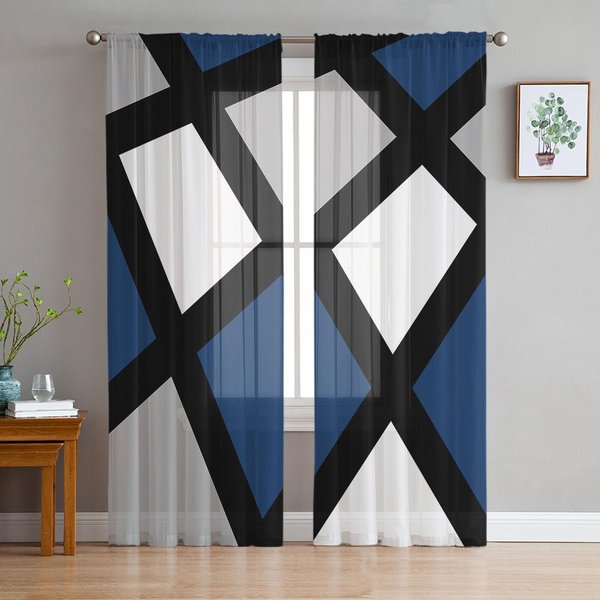 Granatowe Czarne Szare Geometryczne Kwadratowe Przezroczyste ZasłOny Do Dekoracji Salonu ZasłOny Okienne Kuchnia Tiulowe Woalowe ZasłOny W135 X H137Cm X1-image