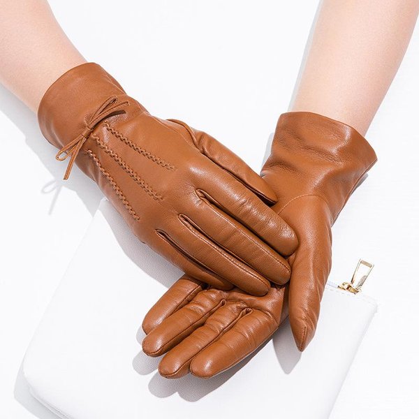 Guantes De Cuero Genuino Coloridos Para Mujer Guantes De Piel De Oveja Con Lazo Guantes De Ropa De Ciclismo CáLidos Para Mujer Para OtoñO E Invierno . Brown-image