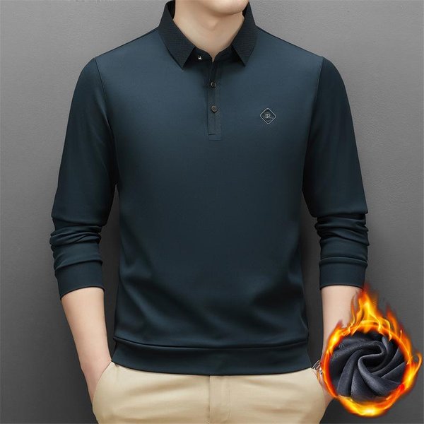 Invierno Nueva Camiseta Moda Casual Terciopelo Engrosado Mediana Edad Polo Camiseta De Solapa Para Hombre CáLida De Manga Larga 4XL Black-image