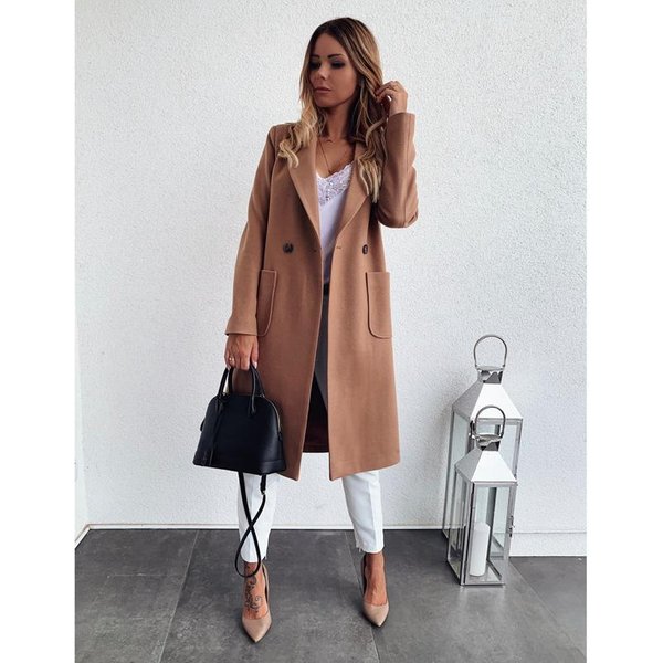 Abrigo De Lana De Invierno Para Mujer De Moda Color SóLido Largo Medio Doble Botonadura Manga Larga L-image