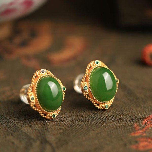 Pendientes CláSicos De ArtesaníA Antigua De Oro Para Mujer Pendientes De BotóN Ovalados De Jade Hotan Natural JoyeríA Retro Exquisita CláSica-image