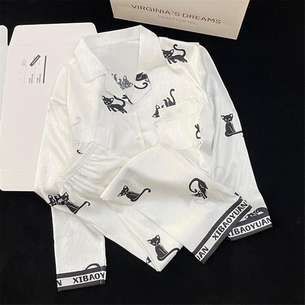 Pijamas De SatéN Para Mujer Pijamas De Manga Larga Traje De Pijama Estampado De Flores Seda De Hielo De Alta Calidad Se Puede Usar Fuera Ropa Para El Hogar Pijamas XXL White-image
