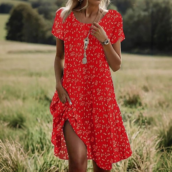 Sukienka Boho Z KróTkim RęKawem Dla Kobiet, LuźNa, Letnia, Swobodna, Z Nadrukiem Kwiatowym I Kieszeniami L-image