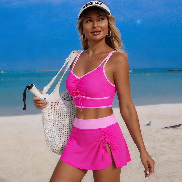 Nowy DwuczęśCiowy Kostium KąPielowy W Stylu Europejskim I AmerykańSkim — Damski Jednokolorowy Sportowy Bikini Z Troczkami 0799 Xl RóżA, Czerwony Kolor-image
