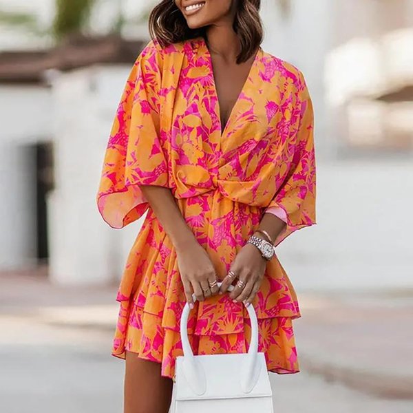 Vestido De Fiesta Corto Con Mangas Cortas Y Cuello En V Para Mujer DiseñO Boho Con Volantes Estampado Floral Vestido Corto Para Mujer Vestidos Elegantes Para Vacaciones Y Playa XXL-image