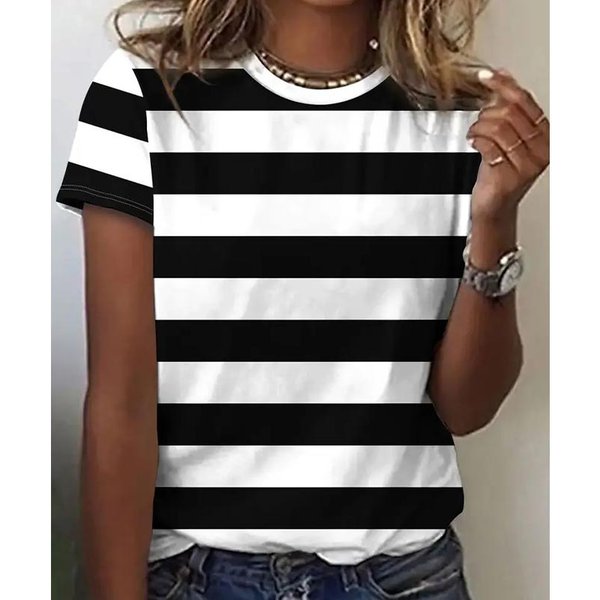 Damski Letni T-Shirt W Paski W Stylu Retro Z KróTkim RęKawem Casualowe Topy Z Nadrukiem M Czarny-image
