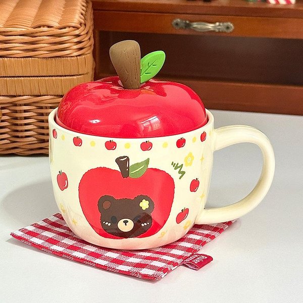 Kreatywny Ceramiczny Kubek Z JabłKiem I Pokrywką Kubek Prezent Urodzinowy Dziewczynka Kubek Do Picia Wody Retro Kubek PamiąTka 301-400Ml-image