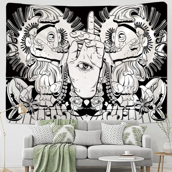 Tapiz PsicodéLico De Gato Negro Para Colgar En La Pared, Calavera, Muerte, Hippie, Luna, Lobo, BrujeríA, Misterio Abstracto, Tapiz, DecoracióN Del Hogar 95X70Cm-image