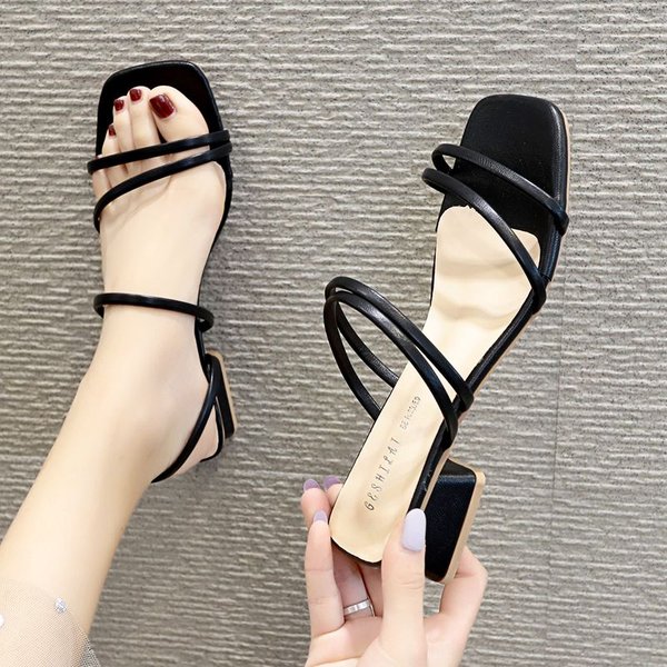 Zapatillas De TacóN Medio Para Mujer Color SóLido Sandalias De Punta Cuadrada Con TacóN Grueso Zapatillas Antideslizantes De Suela Blanda Calzado 39 Negro-image