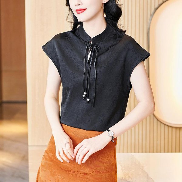 Nuevo Conjunto De Verano Camiseta Con Cordones Para Mujer Estilo Chino Negro Slim Cuello Mao Nuevo Estilo Chino 3XL Negro-image