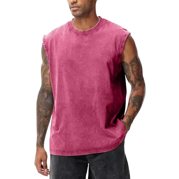Camiseta Sin Mangas De Punto De AlgodóN Para Hombre Cuello Redondo Ajuste Holgado Informal BáSica Lisa Camisa Camiseta Interior Para Entrenar Estilo Streetwear XL De Rosa Caliente-image