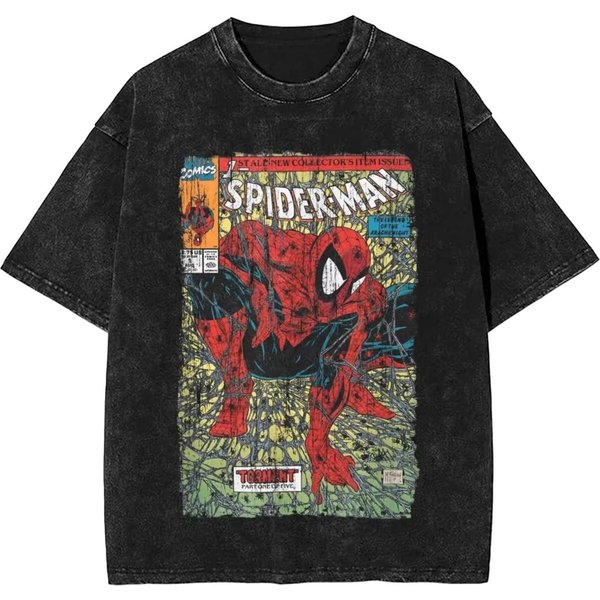 T-Shirt Z Nadrukiem Spider-Man I Venom, Prany, Oversize, Moda Y2K, Casualowy, Neutralny, KróTki RęKaw, Prany, Retro, LuźNy T-Shirt S-image