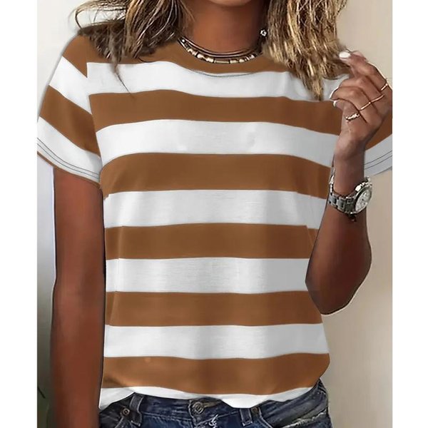 Damski Letni T-Shirt W Paski W Stylu Retro Z KróTkim RęKawem Casualowe Topy Z Nadrukiem 3XL PomarańCzowy-image