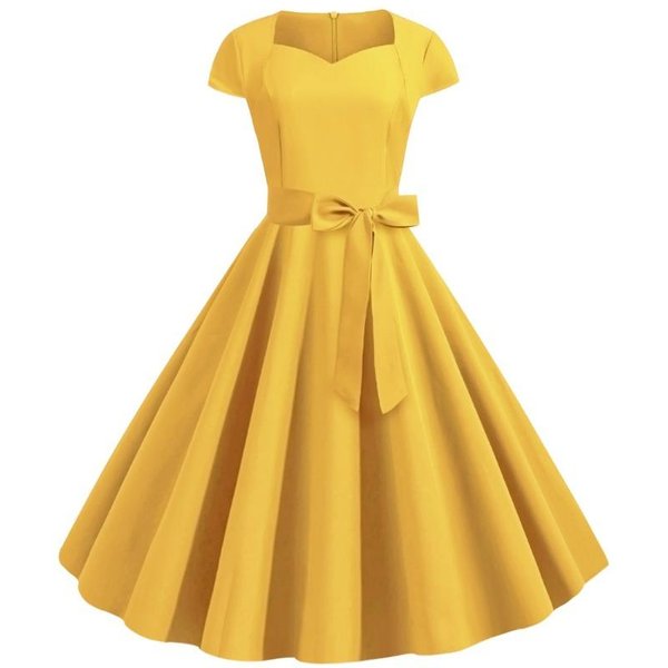 Ihuasu Moda Verano Primavera Color SóLido Estampado Manga Corta Vestidos Casuales XL Amarillo-image
