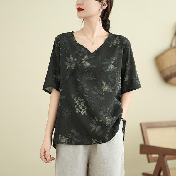 AlgodóN Y Lino Nuevo Chino Talla Grande Para Mujer Verano Fino Estilo ÉTnico Retro VersáTil Suelto Cuello En V Manga Corta Camiseta Para Mujer 3XL Black-image
