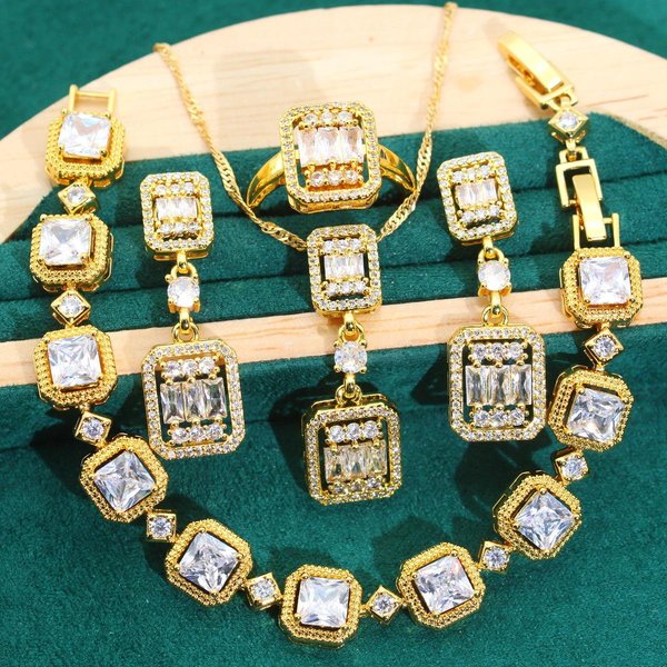 Nuevos Conjuntos De JoyeríA En Europa Y Estados Unidos Ambiente Lleno De Circonita Conjunto De Dama DecoracióN Pendientes Anillo Conjunto De JoyeríA De Oro 10 Yards Beige-image