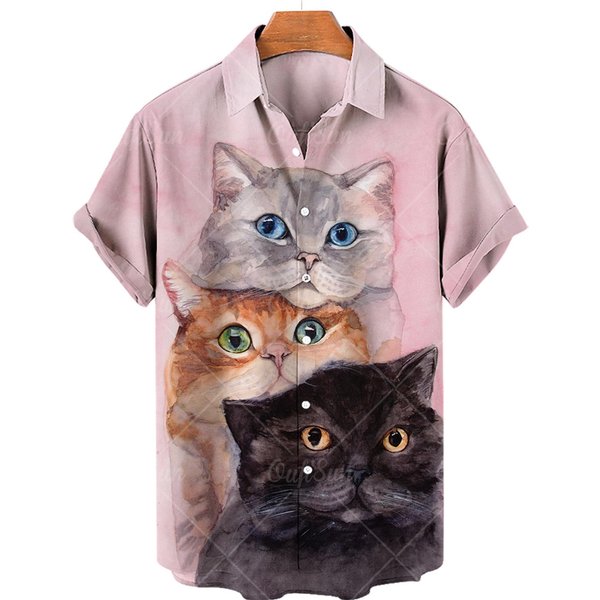 Camisa De Hombre Con Estampado De Gato Lindo Divertido Anime Gatos Camisa De Hombre Con Botones Cuello Solapa Moda Hawaiana Manga Corta Camisa Casual 5XL Gray-image