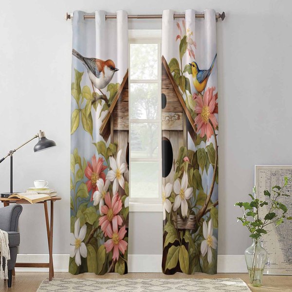 Wiosna Vintage Budka Dla PtakóW Kwiaty Ptaki ZasłOny Okienne Do Salonu Luksusowa ZasłOna Do Sypialni ŻAluzje Kuchenne Draperie ZasłOny 135W X 60H(Cm) X1 Gray-image