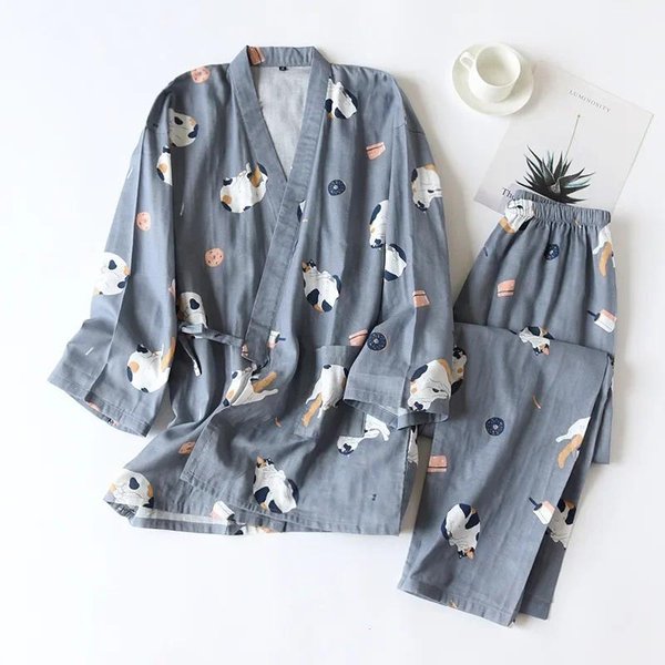 Nuevo Conjunto Kimono JaponéS Primavera/Verano Conjunto De Pijama Para Mujer 100% Gasa De AlgodóN Conjunto De Dos Piezas Bata Para SeñOra Ropa De Dormir De Invierno XL Gray-image