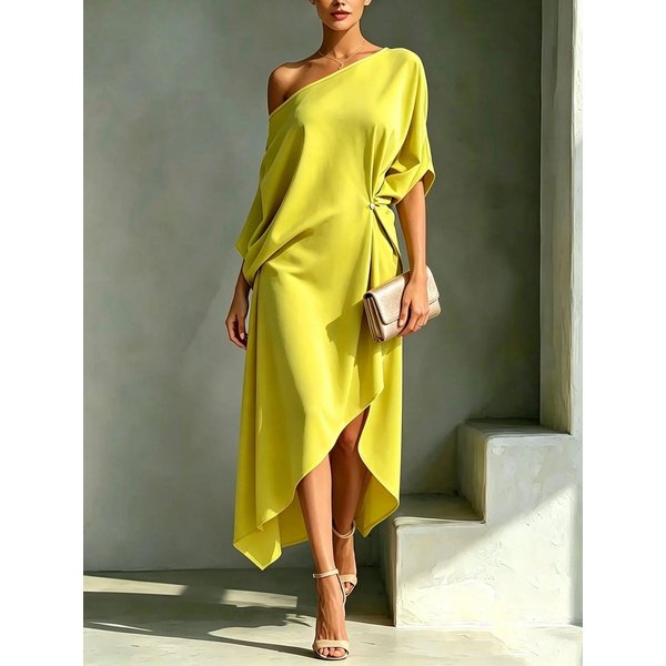 Vestido Midi AsiméTrico De Un Hombro Para Mujer Elegante De Color SóLido Casual Para Fiesta De Noche XL Amarillo-image