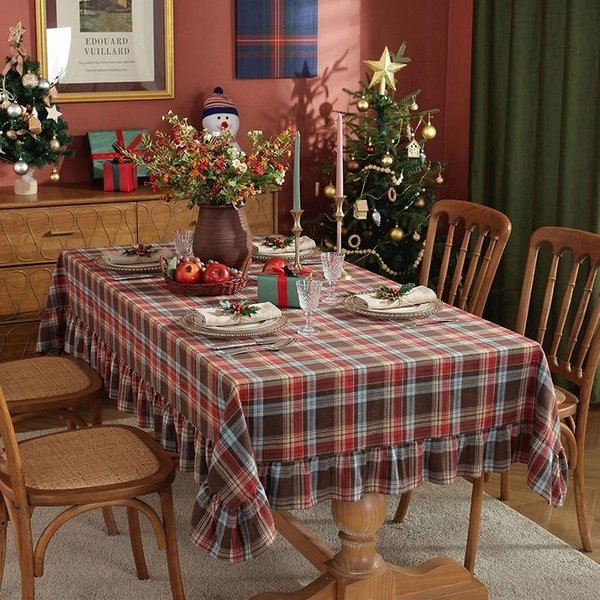 Mantel Cuadros Verdes De Navidad Con Volantes Rectangular/Redondo Lavable Antimanchas Decoraciones De Mesa Para Cocina Boda Cubierta De Mesa 150X180Cm-image